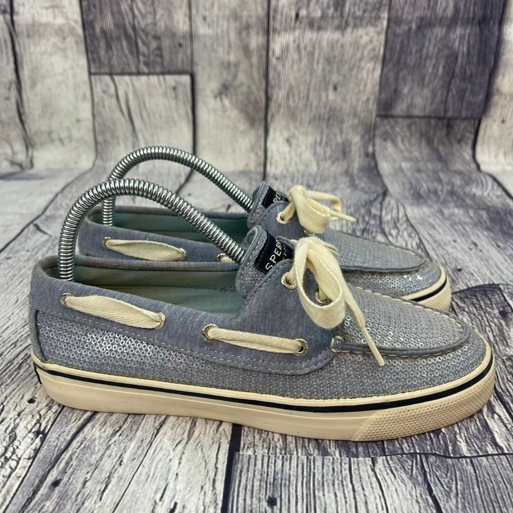 Sperry Bahama 2 Eye Boat Shoes Women's size 6 Slip On Sneaker Blue Sequins Shiny